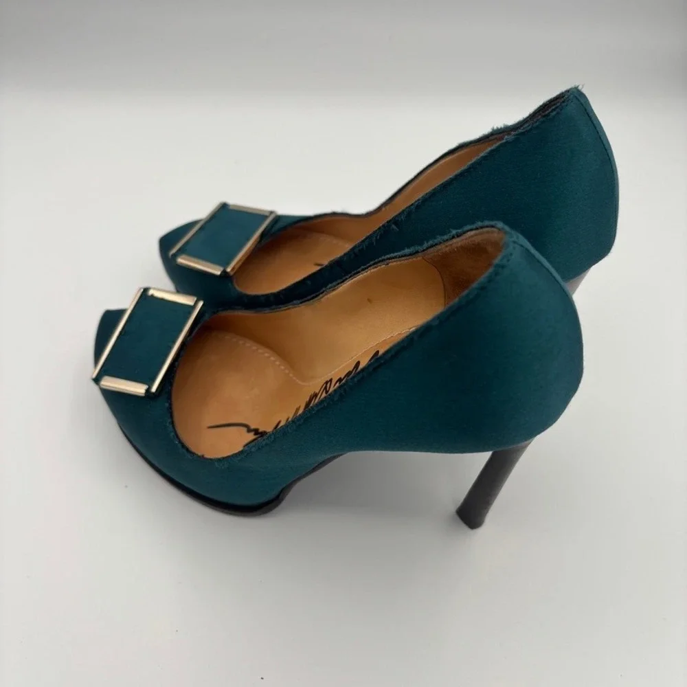 Lanvin Platform Pumps Women Sz 39 Teal Satin Buckle Stiletto Heel Luxury
